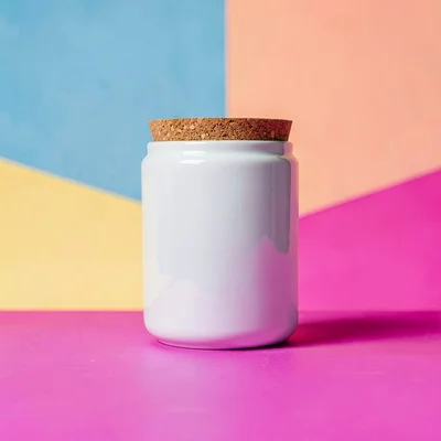 single ceramic pet-treat-jar with a wooden cork-lid straight-on against a satura