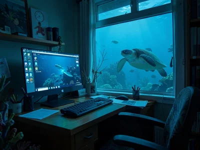 Home office setup on ocean floor, computer screen glowing, sea turtle passing wi