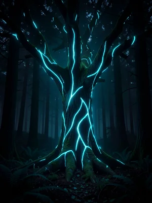 Bioluminescent tree concept — bark veins glowing cyan in dark forest