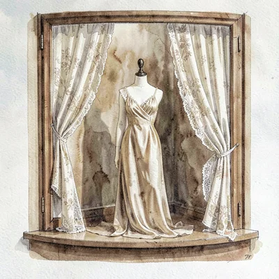 Watercolor of a bay window display with a single mannequin draped in unfinished 