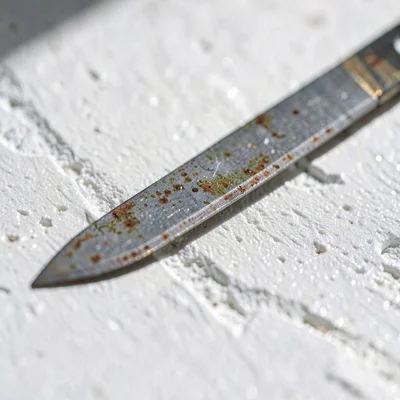 Mineralcut detail of a single carbon steel knife edge with patina against white