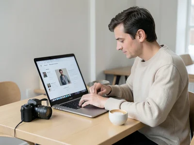 Photographer editing on laptop at coffee shop, camera and lens on table, latte b