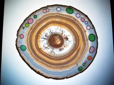 Ocean jasper polished face, multicolored orbs of green, pink, and white floating