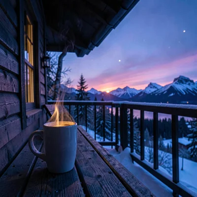 Polar liminal light, extended blue hours, Hot coffee steaming on a cabin porch a