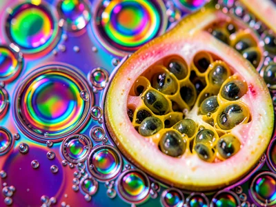 Extreme macro of a halved passion fruit showing seed cavity pattern, each seed g