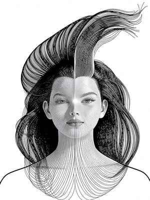 An abstract portrait in which the hair is formed by flowing lines that sweep bac