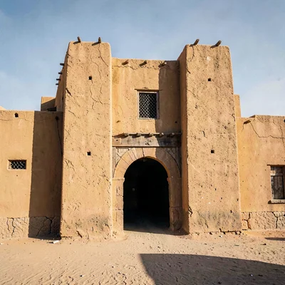 a Mauritanian desert ksar at midday, ochre walls glowing, deep cool shadow drawn