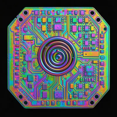 Analog section of mixed-signal chip, large spiral inductor coil visible among ca