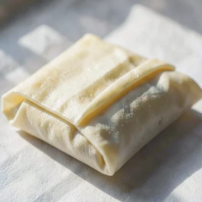 Macro of a cream wax-paper cheese wrap folded into crisp pleats, raking sideligh