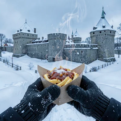 Quebec winter heritage, walled city under snow, Poutine steaming in a paper boat