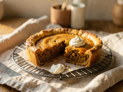 Fresh pumpkin pie on cooling rack, one slice cut, whipped cream dollop