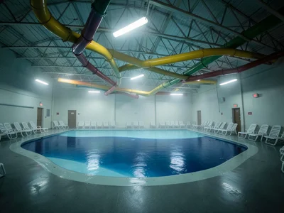 An empty indoor water park at 6am before opening, the slides as colorful tubes t