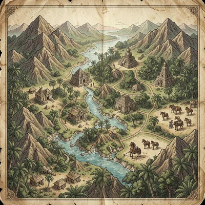 Fantasy map illustration, a jungle region map with temple complexes, river route