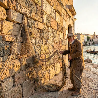 Old Jaffa time-layered, ancient port stone warmth, Elderly fisherman mending net
