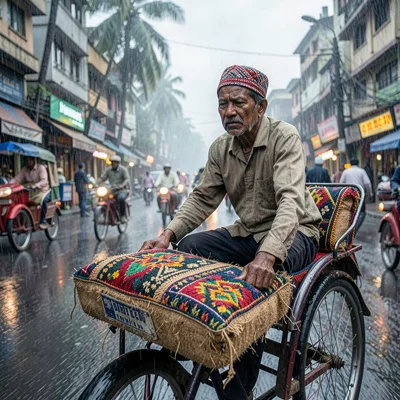 Kinetic density of Dhaka, Bangladesh, Rickshaw driver's decorated seat cushion, 