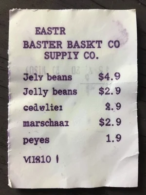 A receipt from "EASTER BASKET SUPPLY CO." listing individual candy items with pr