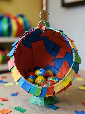 A piñata interior view — the hollow paper shell with a hook and candy still insi