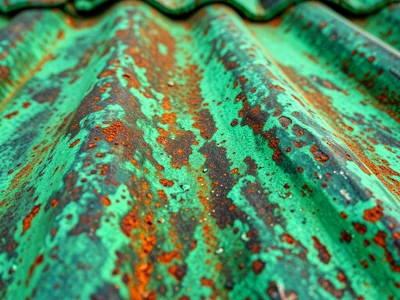 Copper roof aged to full verdigris, consistent green patina on standing-seam cop