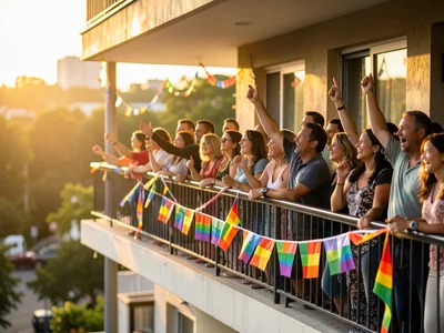 Parade watchers waving from apartment balcony, rainbow bunting, festive
