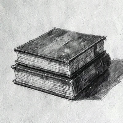 Charcoal study of a stack of bound manuscripts, archival paper grain