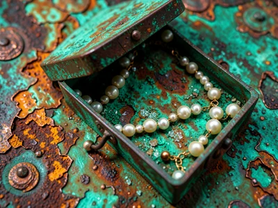 Vintage copper jewelry box with verdigris, containing pearl necklace