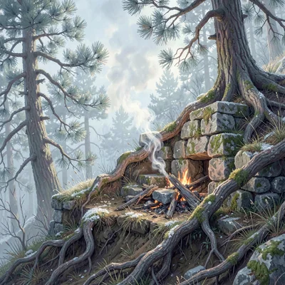 Root-and-stone hold dug into a hillside, gnarled roots cradling weathered masonr