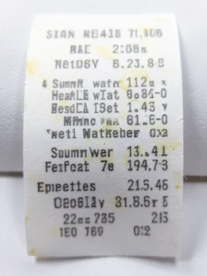 Receipt paper printout of summer weather data, heat wave temperatures, curling