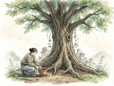 Gardener planting seed, plant growing instantly into enormous fantasy tree with 