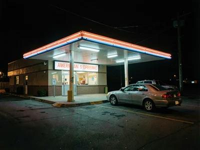 Truck stop diner exterior at 3am