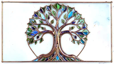 Cloisonné enamel illustration, tree of life , copper wire outlines, glass enamel
