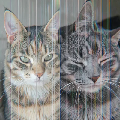 Cat awake and sleeping, two states of the same cat superimposed in lenticular gh