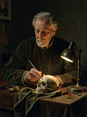 Aged surgeon examining a skull, single desk lamp creating strong Rembrandt trian