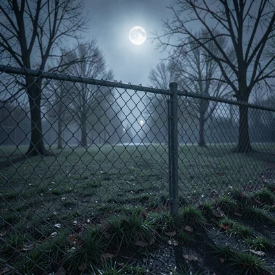 Nocturnal scene of a chain-link fence around an empty park