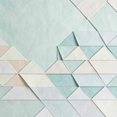 Geometric vector pattern of stacked metric tiles in a stepped gradient, mint and