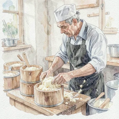 Documentary photo of a cheesemaker pressing curd into wooden molds
