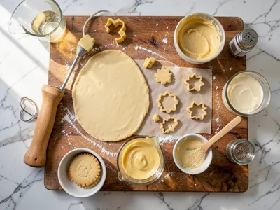 A cookie assembly line: rolled dough, cookie cutters, cut shapes on parchment, i