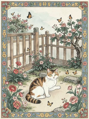 Cat watching butterflies in a courtyard garden with fence and flowers