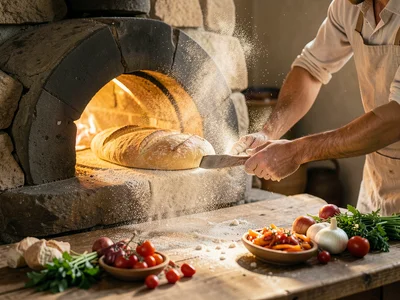 Baker pulling sourdough from wood-fired oven, golden crust, flour dust in air