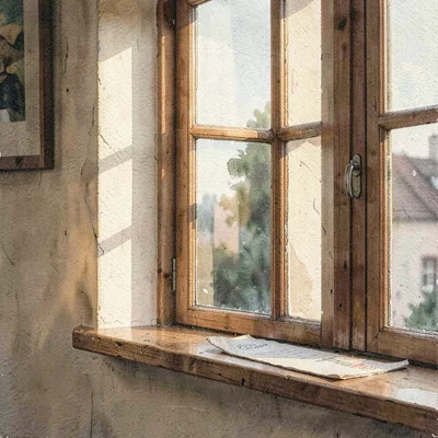 Watercolor of a tall window with a board on a sill, late afternoon light raking 
