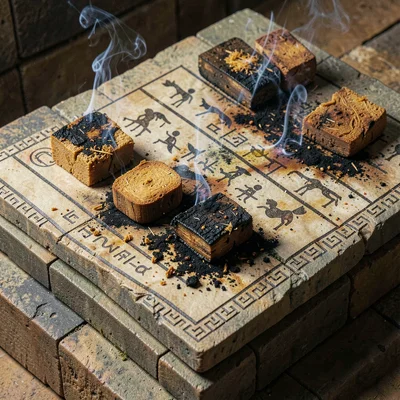Burned copal resin blocks on stone altar with smoldering residue, close-up