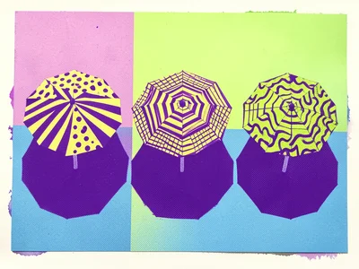 A row of five beach umbrellas seen from above, each in a different Memphis patte