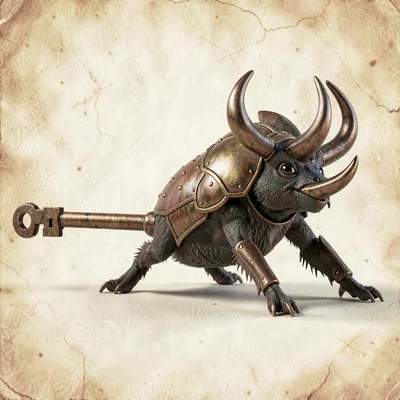 Tiny rolly stag-beetle-spirit with bronze-armored back and oversized mandibles r