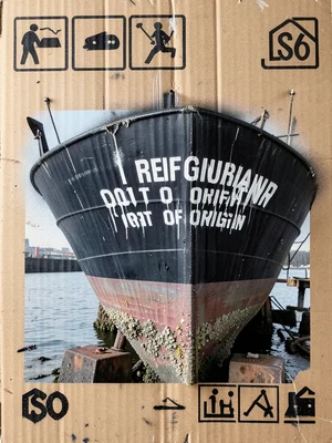 A fishing boat hull up on blocks for repair, the registration number and port of