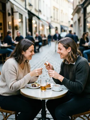 Couple sharing a dessert at a small bistro table on a cobblestone street