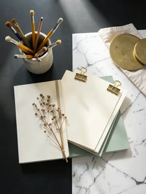 Ceramic Cup and Notebook Stack