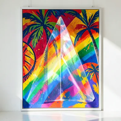 Light refracting through a crystal prism creating rainbow spectrum on white wall