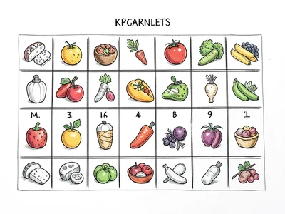A hand-drawn periodic table but each element is replaced with a food item doodle