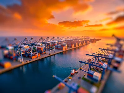 From a rooftop tilt-shift photograph of a container port at sunset, saturated ta