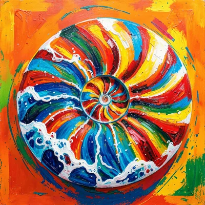 Spiral shell containing ocean waves and foam patterns, double exposure