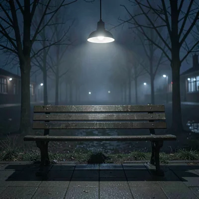 Nocturnal blog scene of an empty waiting bench at midnight, low pendant light